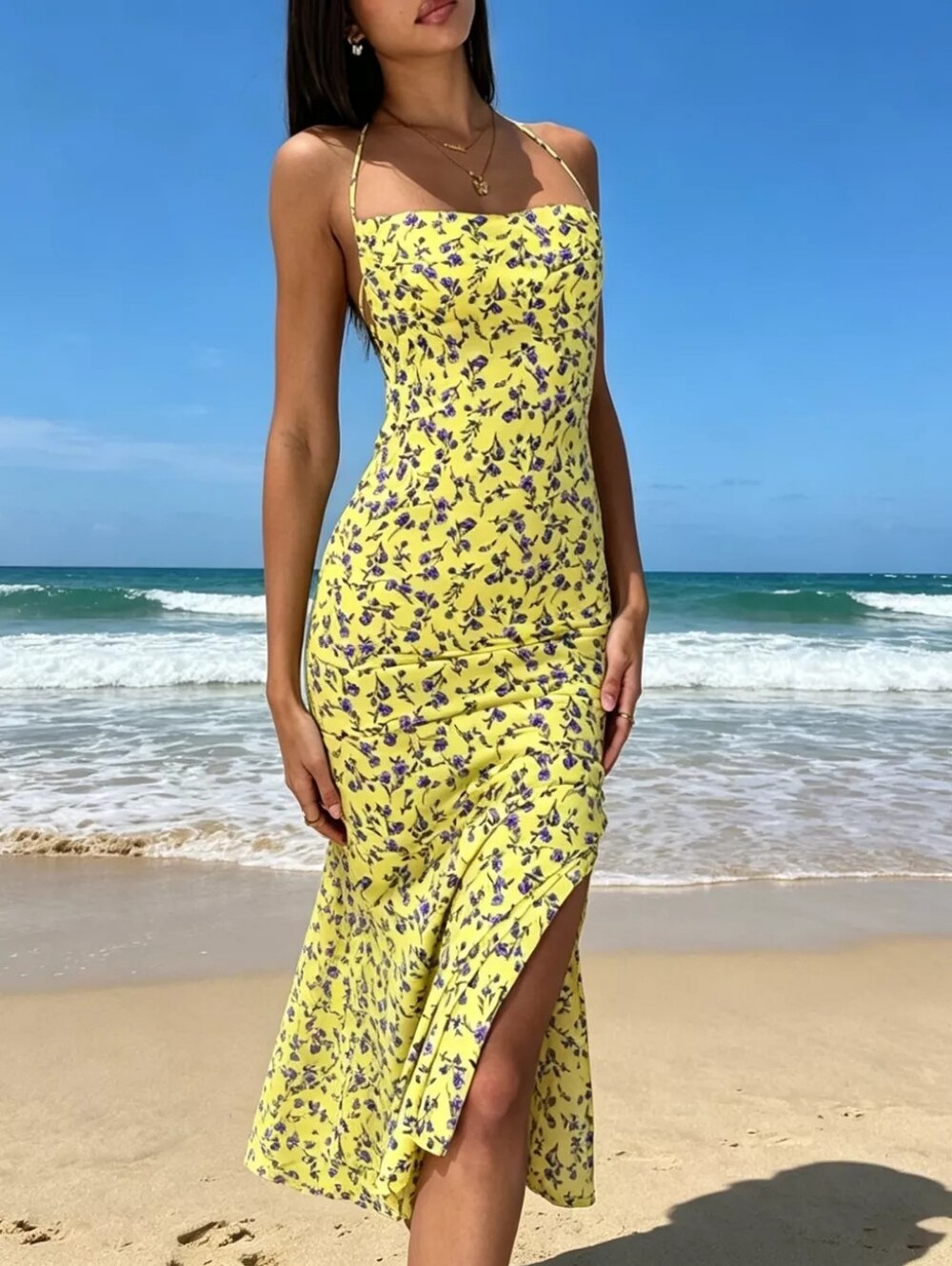 🌸Floral Print Halter Neck Backless Slit Midi Dress